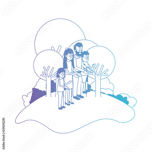 parents couple with son and daughter in field landscape vector illustration