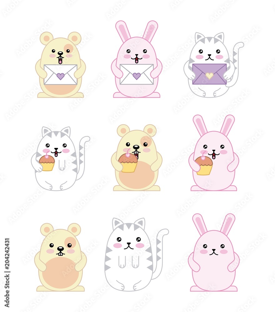 kawaii animals mouse kitty cat and rabbit cartoon vector illustration