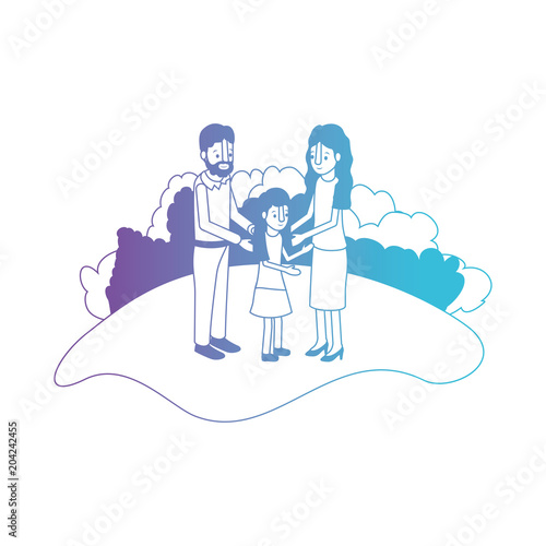parents couple with daughter in field landscape vector illustration design