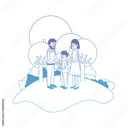 parents couple with son in field landscape vector illustration