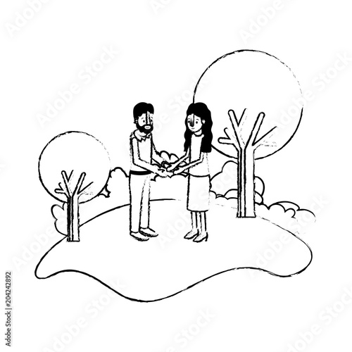 couple isometrics in field landscape avatars characters vector illustration