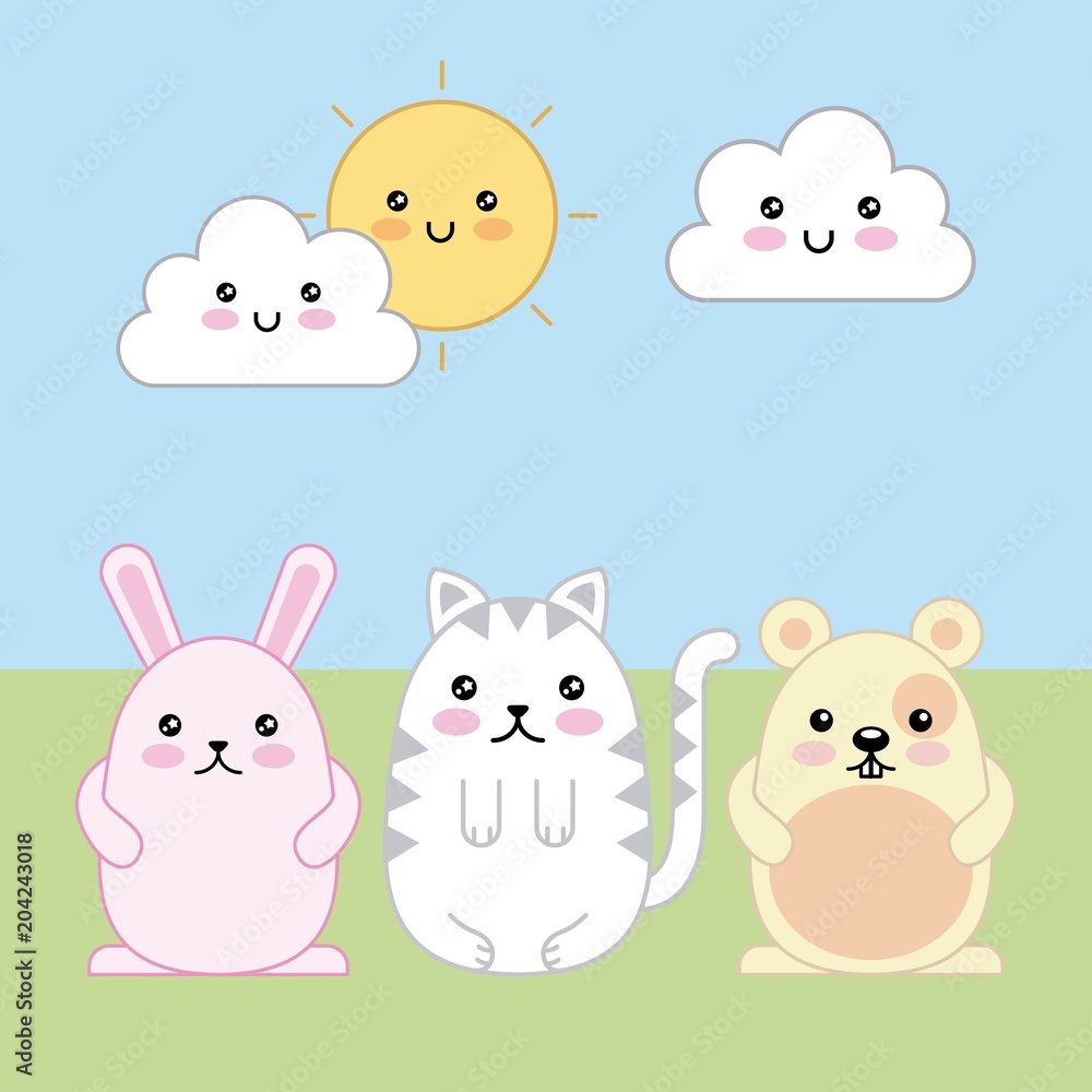 kawaii cute rabbit cat and mouse cartoon vector illustration kawaii cute rabbit cat and mouse cartoon vector illustration