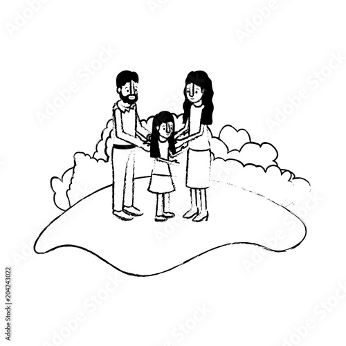 parents couple with daughter in field landscape vector illustration design