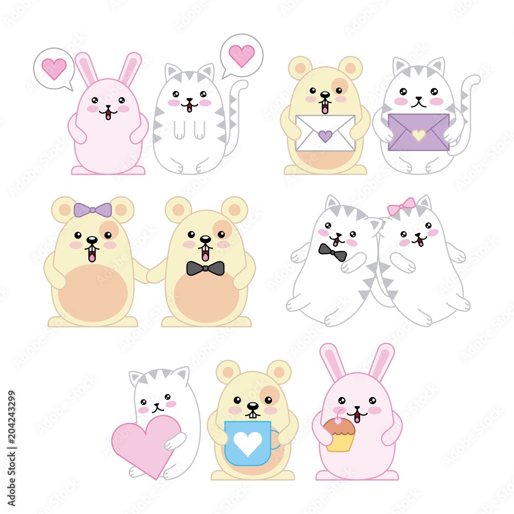 kawaii animals mouse kitty cat and rabbit cartoon vector illustration