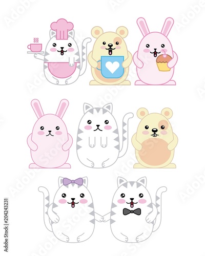 Fototapeta Naklejka Na Ścianę i Meble -  kawaii animals mouse kitty cat and rabbit cartoon vector illustration