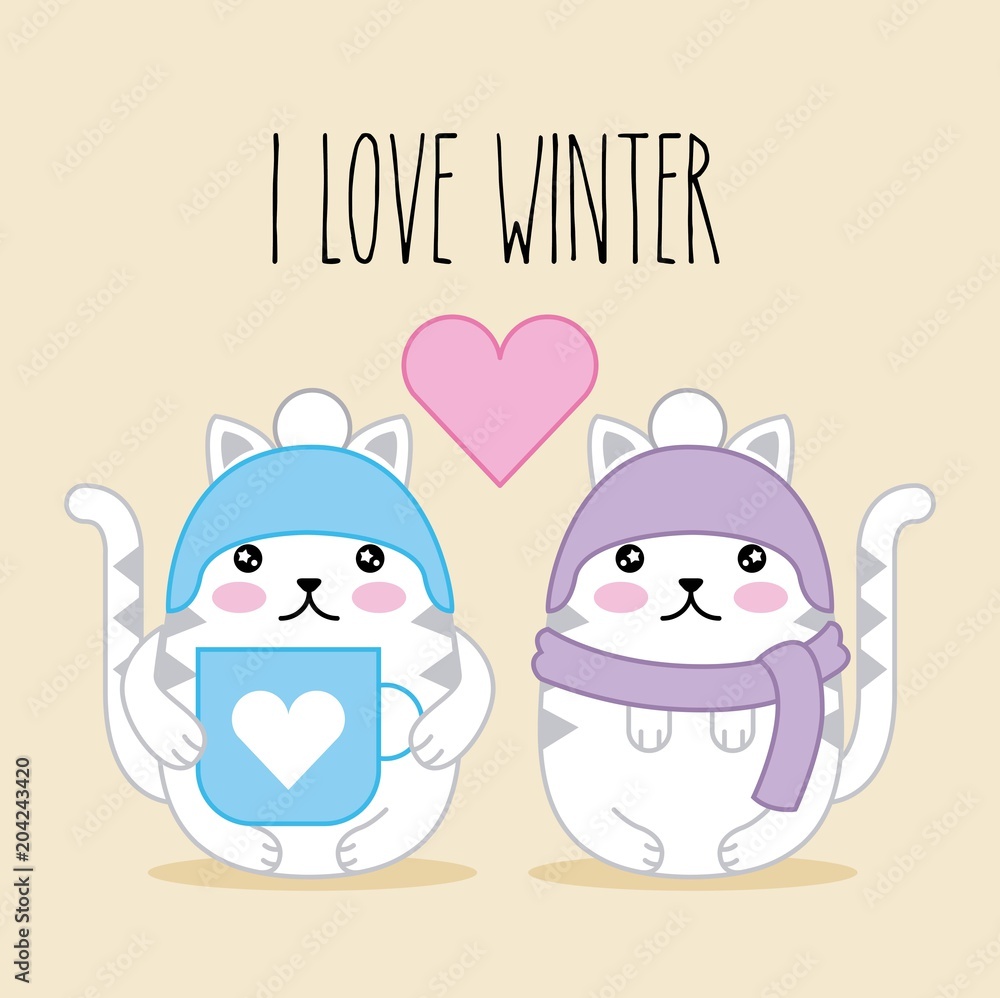 kawaii cats in winter clothes and coffee cup animal cartoon vector illustration kawaii cats in winter clothes and coffee cup animal cartoon vector illustration