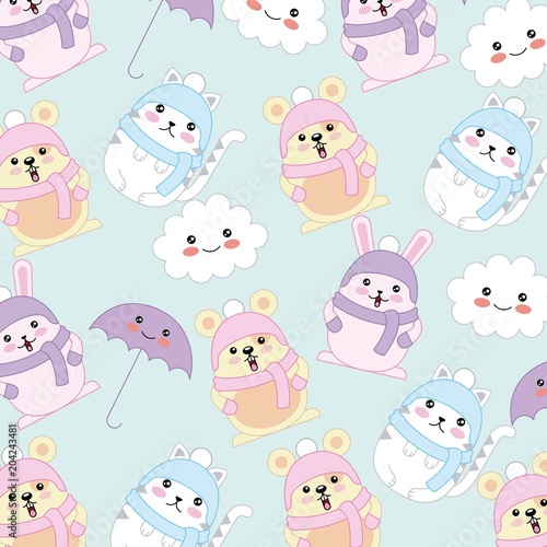 kawaii cat rabbit mouse wear winter clothes background vector illustration