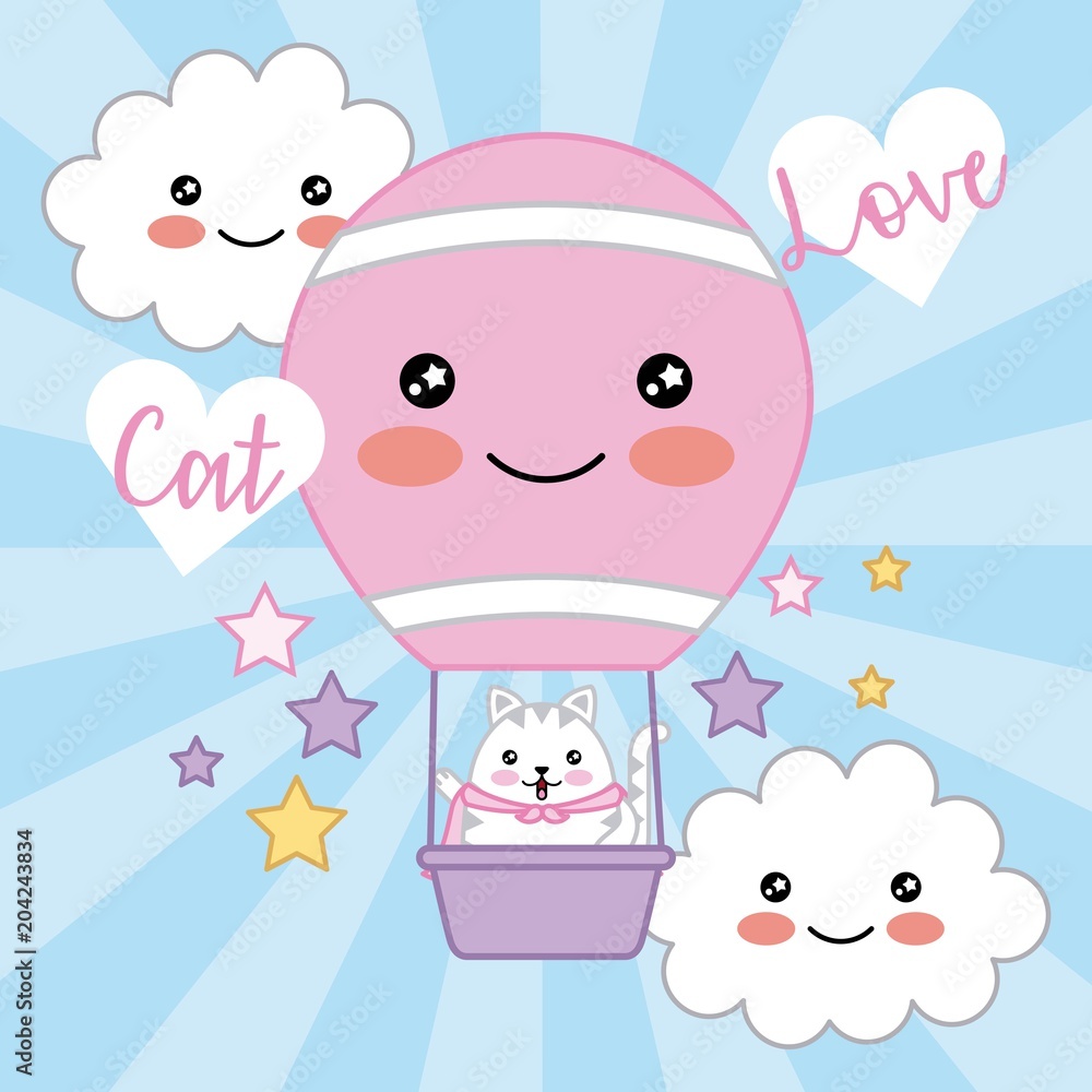 kawaii cat love air balloon clouds stars decoration vector illustration kawaii cat love air balloon clouds stars decoration vector illustration