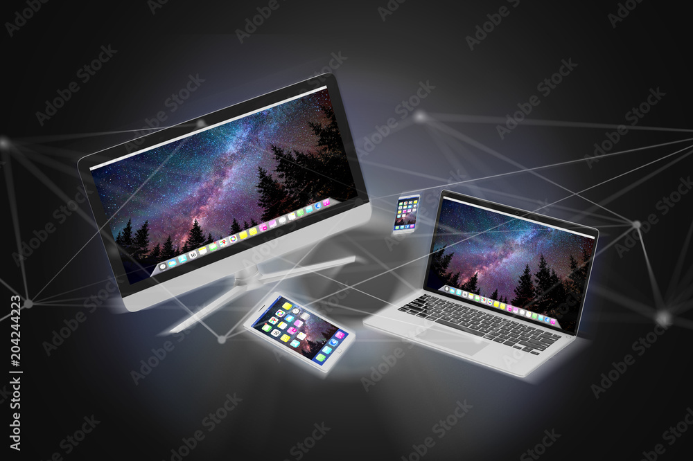 Devices like smartphone, tablet or computer flying over connection network - 3d render Devices like smartphone, tablet or computer flying over connection network - 3d render
