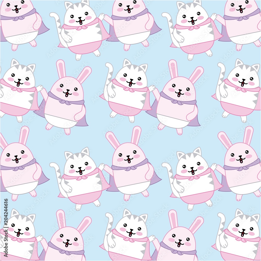 kawaii cat and rabbit with cape characters background vector illustration
