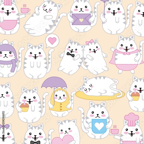 kawaii kitti cats different character cartoon pattern vector illustration