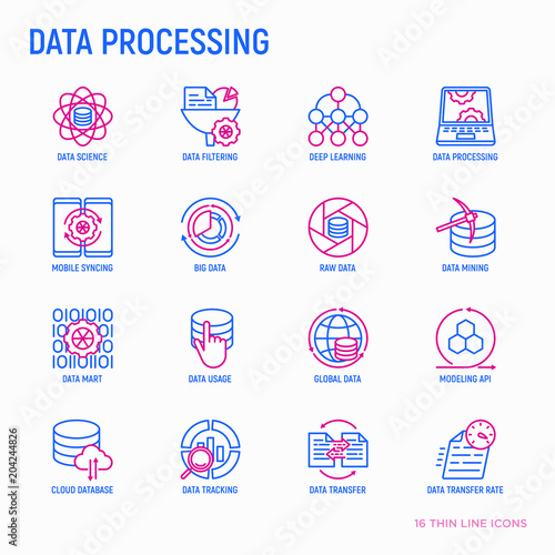 Data processing thin line icons set: data science, filtering, deep learning, mobile syncing, big data, modeling API, usage, tracking, cloud database. Modern vector illustration.