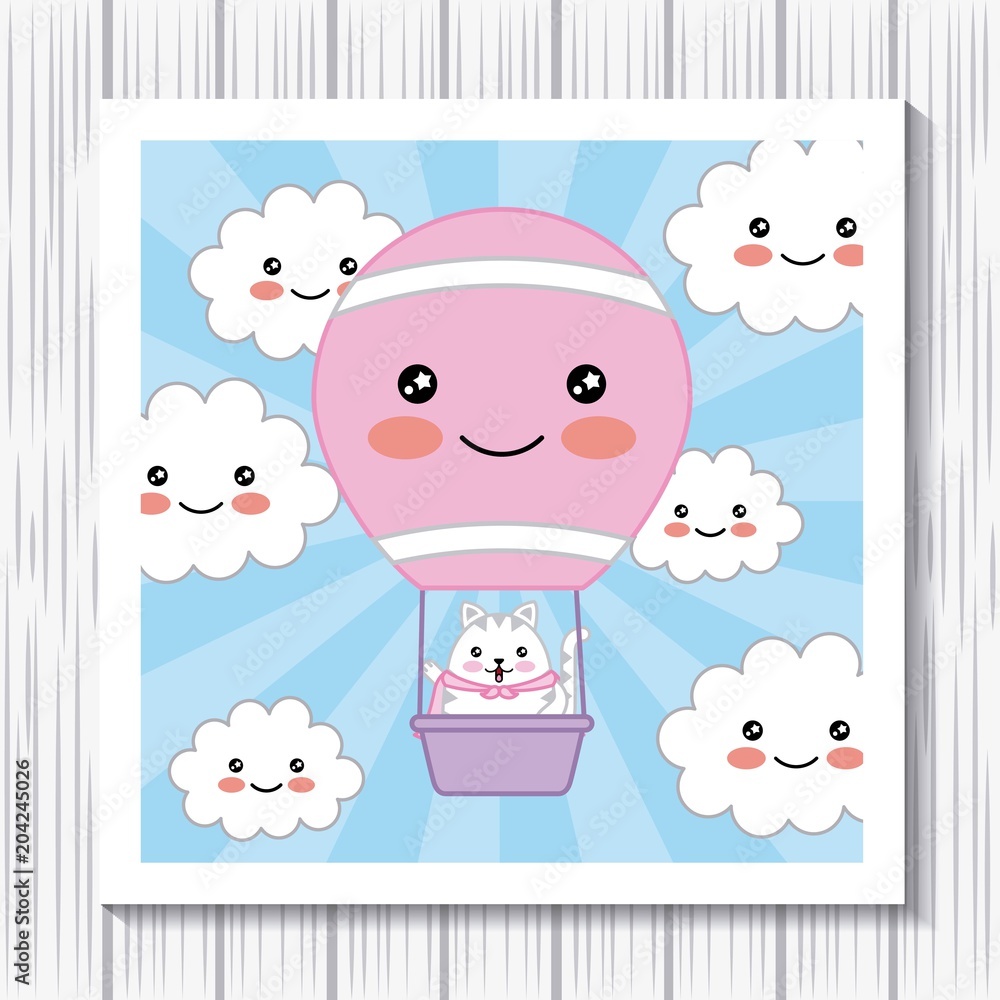 kawaii kitty cat in hot air balloon in sky cartoon card vector illustration kawaii kitty cat in hot air balloon in sky cartoon card vector illustration