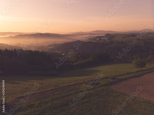 Toned aerial image of mist in rural landscape