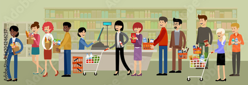 Cash desk in a supermarket and people with purchases.