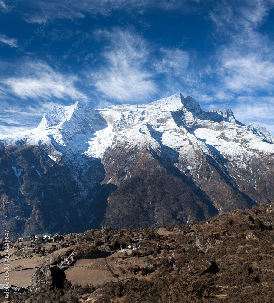 Panoramic view of Kangtega and Thamserku mountains in Sagarmatha National Park, Nepal Himalaya