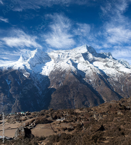 Panoramic view of Kangtega and Thamserku mountains in Sagarmatha National Park, Nepal Himalaya photo