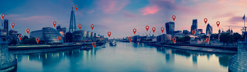 London with flat map pins, network and connections concept.