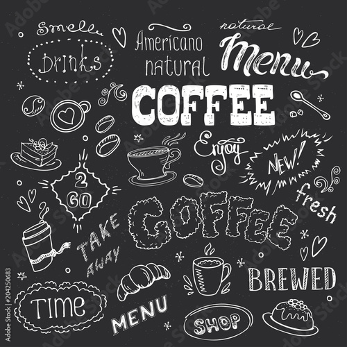 Big coffee set,hand drawn design on blackboard © naum