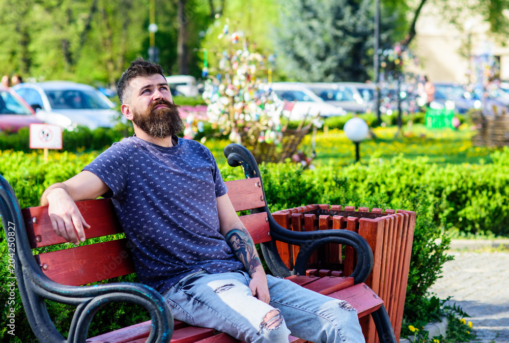Man with beard and mustache on strict face sits on bench in park. Bearded man with fresh haircut relaxing, urban background. Public recreation places concept. Hipster enjoy sunny day in park. Man with beard and mustache on strict face sits on bench in park. Bearded man with fresh haircut relaxing, urban background. Public recreation places concept. Hipster enjoy sunny day in park.