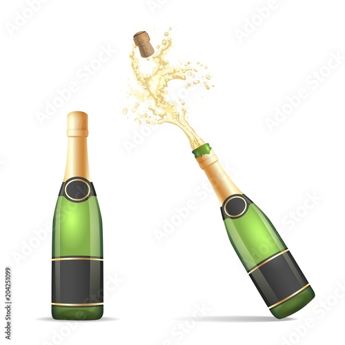 Champagne bottle isolated. Vector bottles of champagne, closed and with popping cork splash isolated on white background