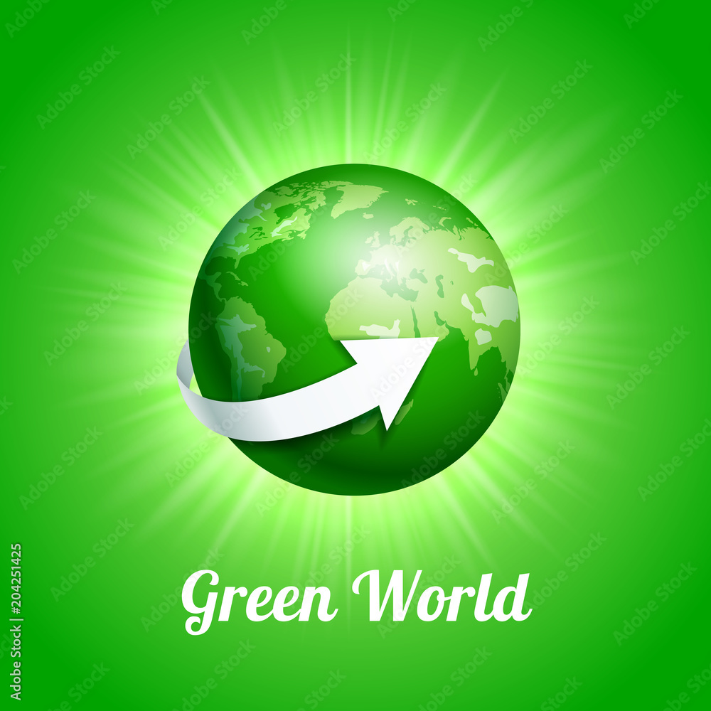 Planet globe Earth with white arrows. Green World concept, vector illustration