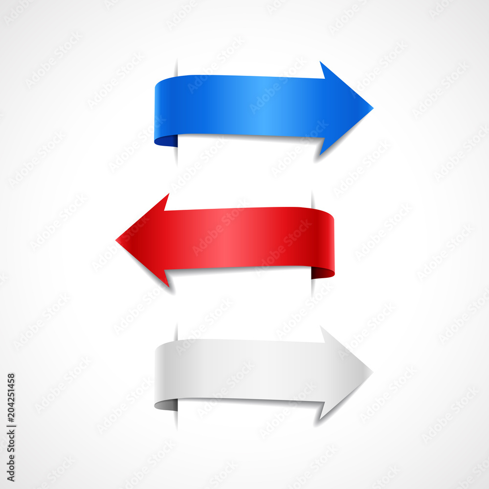 Set of colored decorative arrows. Blue, red, white banners, labels, vector illustration