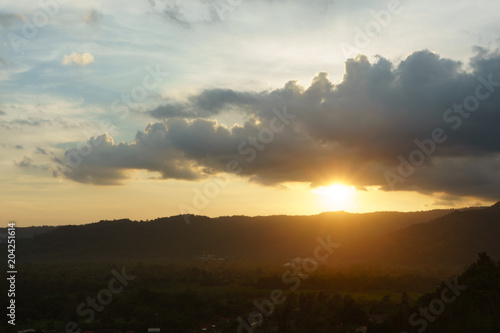 Beautiful mountains and sunset at Khun Dan Dam Prakarnchon Dam