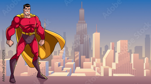 Smiling superhero standing tall on city background with copy space.