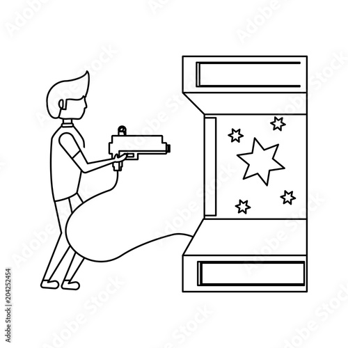 boy playing light gun arcade machine over white background, vector illustration