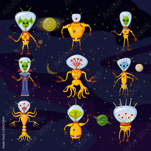 Cute Aliens In Space Suits, Spaceship Crew Cartoon Characters In space, vector, isolated