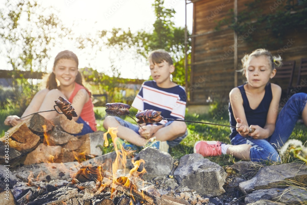 Children enjoy campfire - obrazy, fototapety, plakaty 