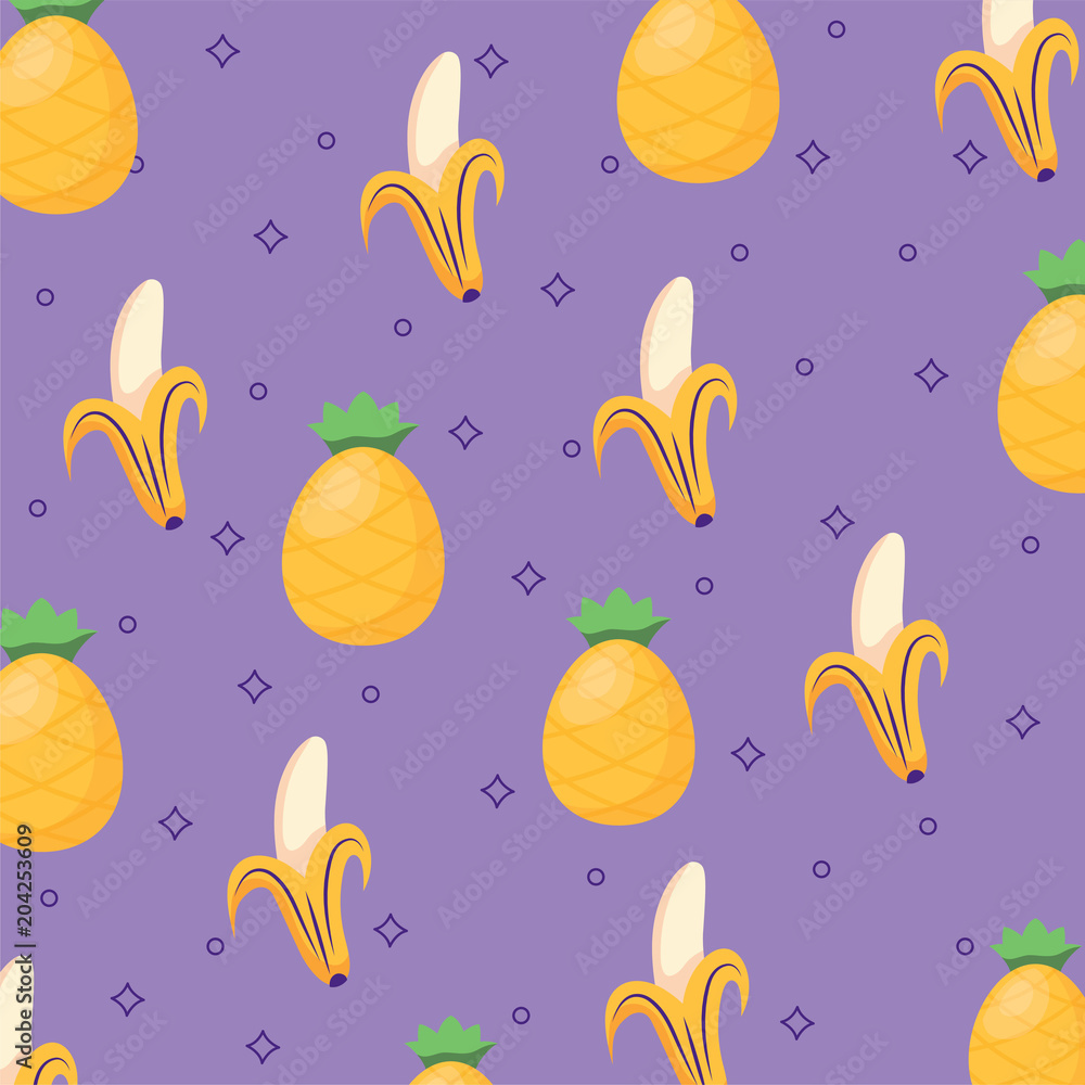 background of bananas and pineapples pattern, colorful design.  vector illustration