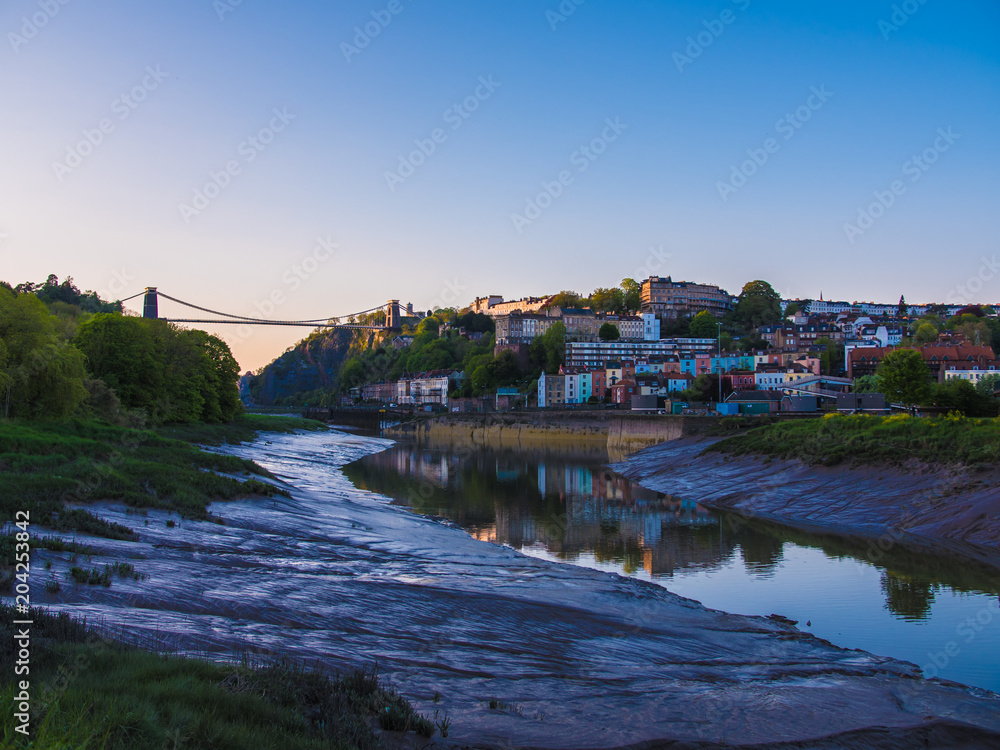 Fototapeta premium Clifton Bridge, Bristol (UK) at Sunset, Reflection in River