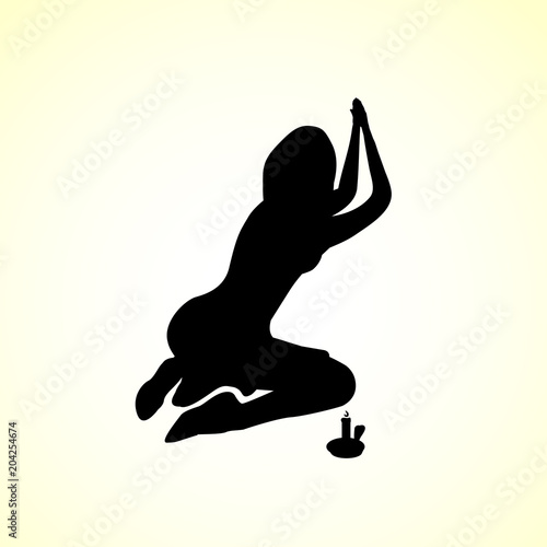 Silhouette of a young woman, girl praying icon - vector illustration by candlelight cartoon sketch template
