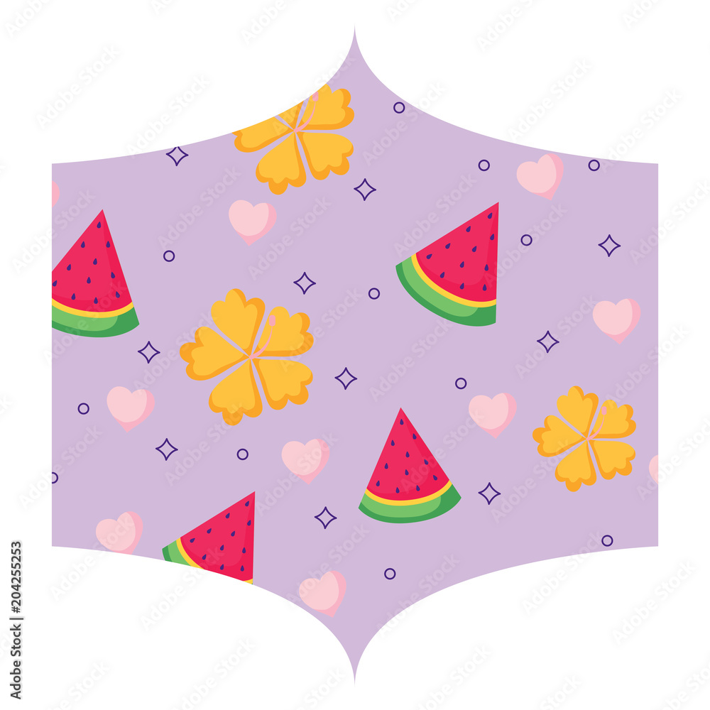decorative frame with tropical flowers and watermelon pattern over white background, vector illustration