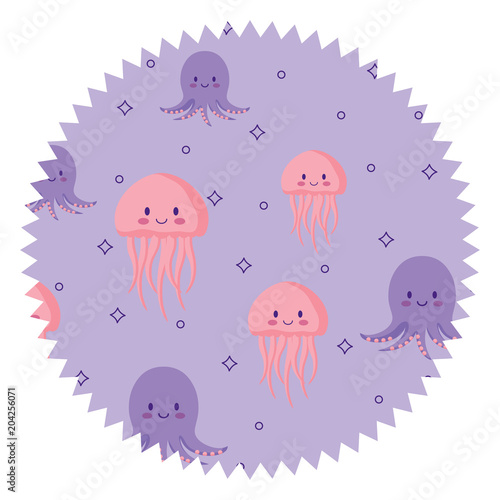 seal stamp with cute jellyfish and octopus pattern over white background, vector illustration