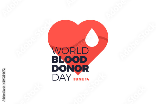 World Donor Day. Emblem with image of red heart and white drop of blood on white background. Vector illustration.