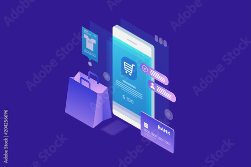 Concept of online shop, online shopping. Isometric image of phone, Bank card and shopping bag on blue background. 3d flat design. Vector illustration.