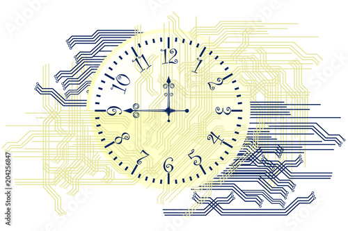 Clock face on abstract modern line background. Vector illustration of clock dial with arabic numerals and clock hands.