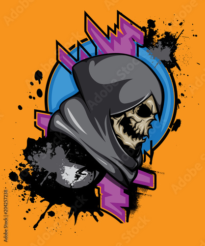 "Grim reaper" poster. Vector hand crafted grim reaper mascot with paint splash and abstract elements. Good for logos, labels, posters, t-shirt design.