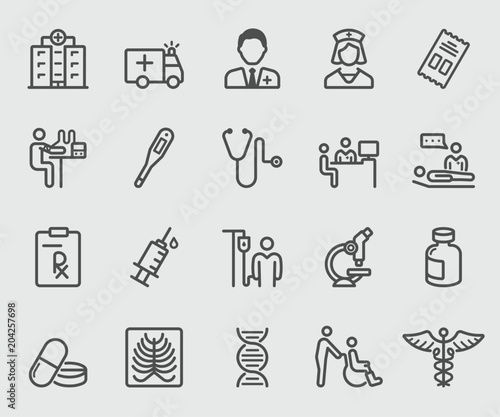 Line icons set for Medical care, Hospital, Health, Sick