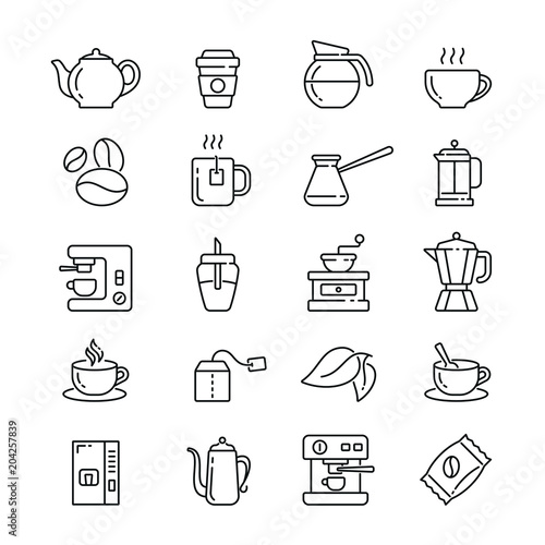 Coffee and Tea: thin vector icon set, black and white kit photo