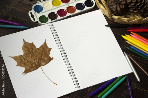 Back to school, autumn, the beginning of school. Background, set of clerical objects: notebook, pen, paints and other