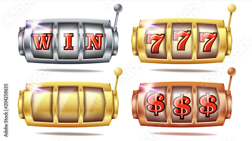 Slot Machine Set Vector. 777. Big Win Banner Element. Golden, Silver, Bronze. Spin Machine Template. Fortune Jackpot Casino Illustration