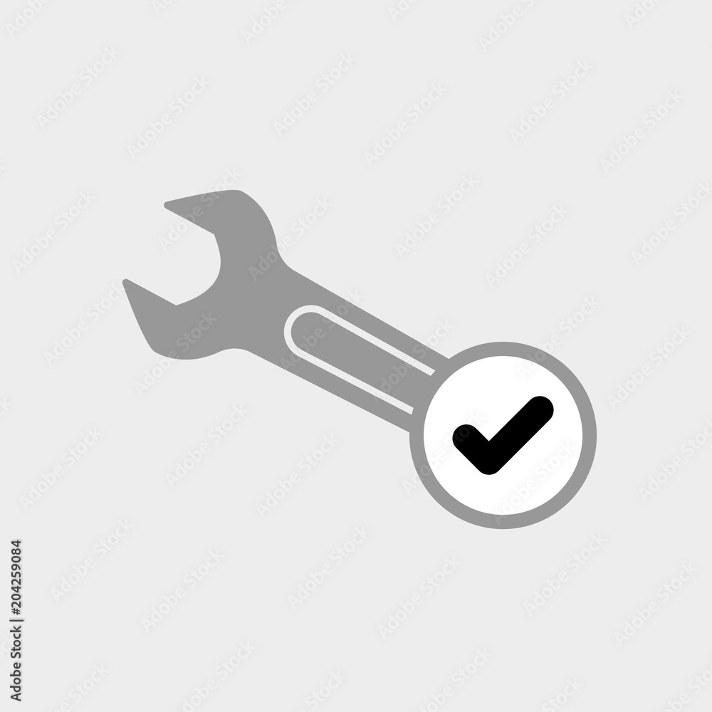 Spanner icon with check sign. Spanner icon and approved, confirm, done, tick, completed symbol Spanner icon with check sign. Spanner icon and approved, confirm, done, tick, completed symbol