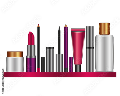 shelf with accessories female make up vector illustration design