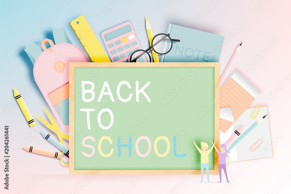 Various stationery for back to school in paper art style with pastel color Various stationery for back to school in paper art style with pastel color