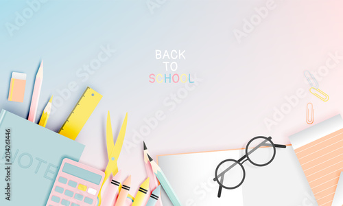 Various stationery for back to school in paper art style with pastel color