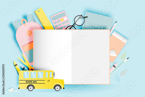 Various stationery for back to school in paper art style with pastel color